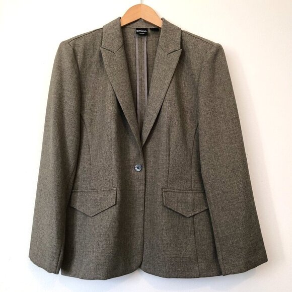 ERIKA Brown Plaid Grid Peak? Lapel One Button Blazer Work Office Suit Jacket 12 - Picture 1 of 6
